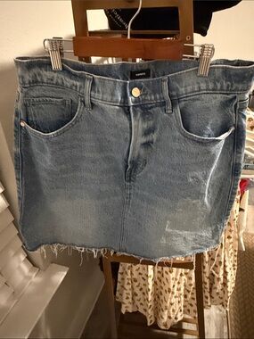 Express Faded Light Blue Denim Mini Skirt with Raw Hem